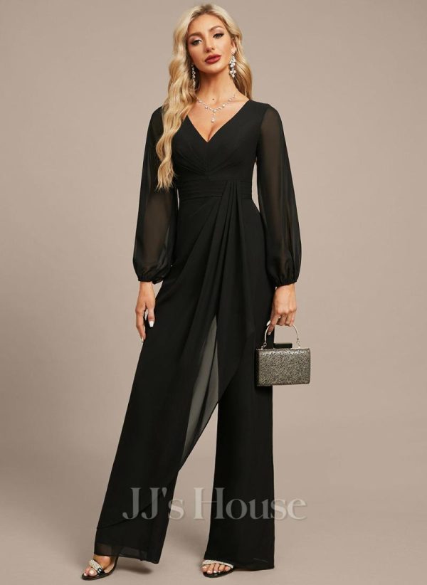 Formal & Evening | Jumpsuit/Pantsuit V-Neck Floor-Length Chiffon Evening Dress With Cascading Ruffles Black – Womens