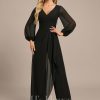 Formal & Evening | Jumpsuit/Pantsuit V-Neck Floor-Length Chiffon Evening Dress With Cascading Ruffles Black – Womens