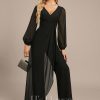 Formal & Evening | Jumpsuit/Pantsuit V-Neck Floor-Length Chiffon Evening Dress With Cascading Ruffles Black – Womens