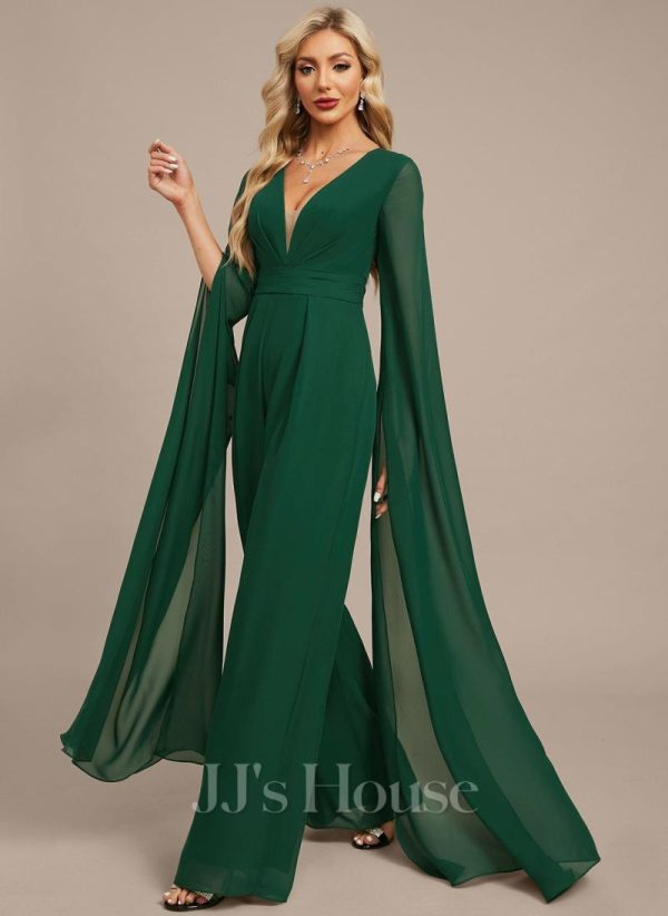 Formal & Evening | Jumpsuit/Pantsuit V-Neck Floor-Length Chiffon Evening Dress With Pleated Dark Green – Womens