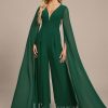 Formal & Evening | Jumpsuit/Pantsuit V-Neck Floor-Length Chiffon Evening Dress With Pleated Dark Green – Womens