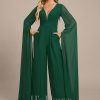 Formal & Evening | Jumpsuit/Pantsuit V-Neck Floor-Length Chiffon Evening Dress With Pleated Dark Green – Womens