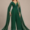 Formal & Evening | Jumpsuit/Pantsuit V-Neck Floor-Length Chiffon Evening Dress With Pleated Dark Green – Womens