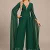 Formal & Evening | Jumpsuit/Pantsuit V-Neck Floor-Length Chiffon Evening Dress With Pleated Dark Green – Womens