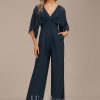 Formal & Evening | Jumpsuit/Pantsuit V-Neck Floor-Length Chiffon Evening Dress With Pleated Dark Navy – Womens