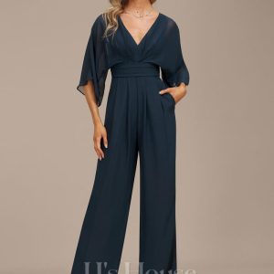 Formal & Evening | Jumpsuit/Pantsuit V-Neck Floor-Length Chiffon Evening Dress With Pleated Dark Navy – Womens