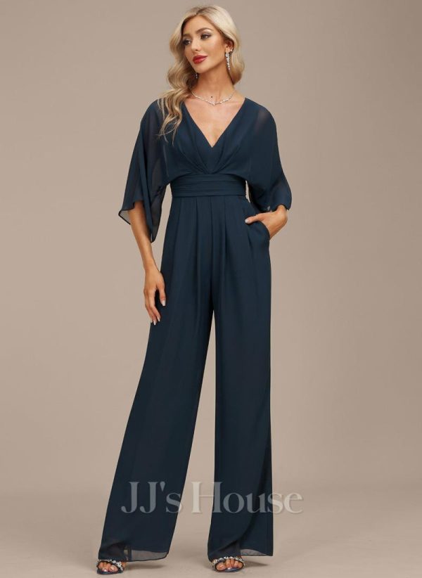 Formal & Evening | Jumpsuit/Pantsuit V-Neck Floor-Length Chiffon Evening Dress With Pleated Dark Navy – Womens