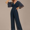 Formal & Evening | Jumpsuit/Pantsuit V-Neck Floor-Length Chiffon Evening Dress With Pleated Dark Navy – Womens