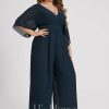 Formal & Evening | Jumpsuit/Pantsuit V-Neck Floor-Length Chiffon Evening Dress With Pleated Dark Navy – Womens