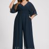 Formal & Evening | Jumpsuit/Pantsuit V-Neck Floor-Length Chiffon Evening Dress With Pleated Dark Navy – Womens