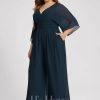 Formal & Evening | Jumpsuit/Pantsuit V-Neck Floor-Length Chiffon Evening Dress With Pleated Dark Navy – Womens