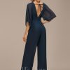 Formal & Evening | Jumpsuit/Pantsuit V-Neck Floor-Length Chiffon Evening Dress With Pleated Dark Navy – Womens