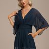 Formal & Evening | Jumpsuit/Pantsuit V-Neck Floor-Length Chiffon Evening Dress With Pleated Dark Navy – Womens