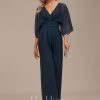 Formal & Evening | Jumpsuit/Pantsuit V-Neck Floor-Length Chiffon Evening Dress With Pleated Dark Navy – Womens