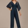 Formal & Evening | Jumpsuit/Pantsuit V-Neck Floor-Length Chiffon Evening Dress With Pleated Dark Navy – Womens