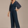 Formal & Evening | Jumpsuit/Pantsuit V-Neck Floor-Length Chiffon Evening Dress With Pleated Dark Navy – Womens