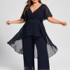 Formal & Evening | Jumpsuit/Pantsuit V-Neck Floor-Length Chiffon Evening Dress With Sequins Appliques Lace Pleated As Picture – Womens