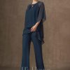 Formal & Evening | Separates Jumpsuit/Pantsuit Scoop Floor-Length Chiffon Evening Dress With Pleated Beading Sequins Dark Navy – Womens