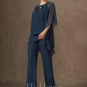 Formal & Evening | Separates Jumpsuit/Pantsuit Scoop Floor-Length Chiffon Evening Dress With Pleated Beading Sequins Dark Navy – Womens