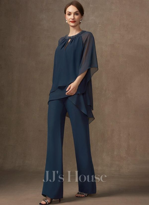 Formal & Evening | Separates Jumpsuit/Pantsuit Scoop Floor-Length Chiffon Evening Dress With Pleated Beading Sequins Dark Navy – Womens