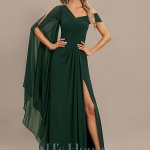 Formal & Evening | Sheath/Column Asymmetrical Floor-Length Chiffon Evening Dress With Pleated As Picture – Womens