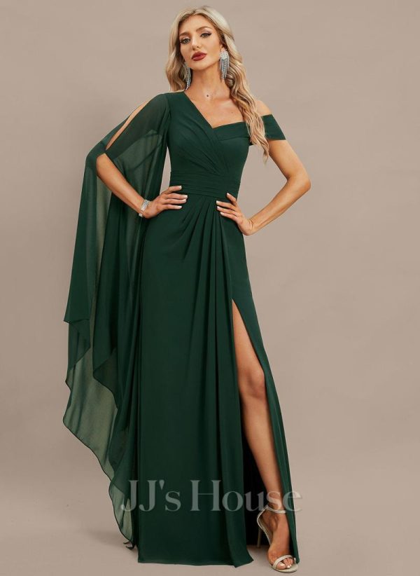 Formal & Evening | Sheath/Column Asymmetrical Floor-Length Chiffon Evening Dress With Pleated As Picture – Womens