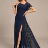 Formal & Evening | Sheath/Column Asymmetrical Floor-Length Chiffon Evening Dress With Pleated As Picture – Womens