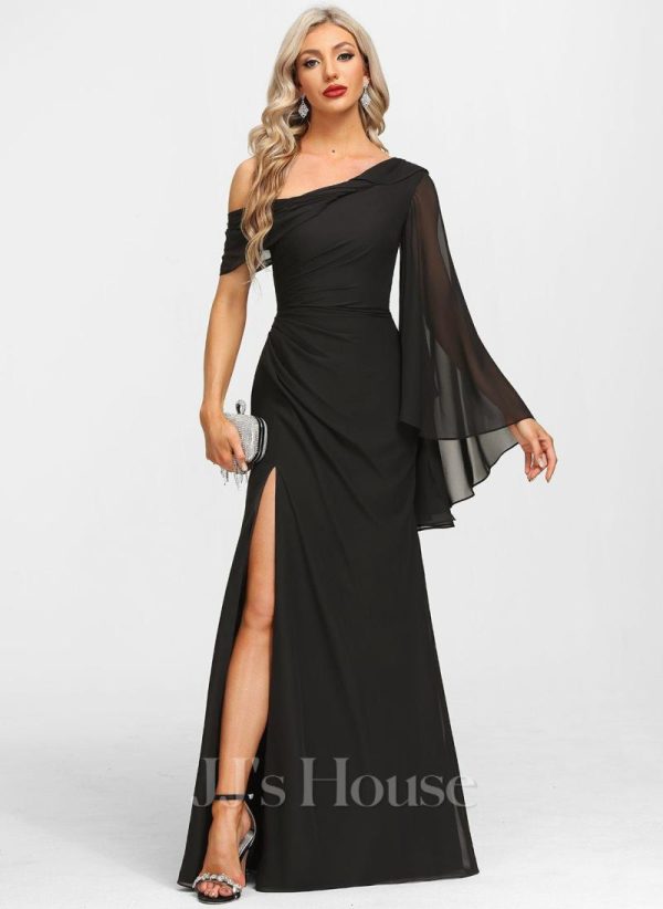 Formal & Evening | Sheath/Column Asymmetrical Floor-Length Chiffon Evening Dress With Pleated Black – Womens