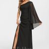 Formal & Evening | Sheath/Column Asymmetrical Floor-Length Chiffon Evening Dress With Pleated Black – Womens