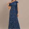 Formal & Evening | Sheath/Column Asymmetrical Floor-Length Lace Sequin Chiffon Evening Dress With Pleated Bow Navy Blue – Womens