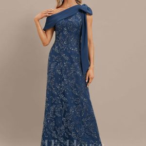 Formal & Evening | Sheath/Column Asymmetrical Floor-Length Lace Sequin Chiffon Evening Dress With Pleated Bow Navy Blue – Womens