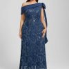 Formal & Evening | Sheath/Column Asymmetrical Floor-Length Lace Sequin Chiffon Evening Dress With Pleated Bow Navy Blue – Womens