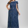 Formal & Evening | Sheath/Column Asymmetrical Floor-Length Lace Sequin Chiffon Evening Dress With Pleated Bow Navy Blue – Womens