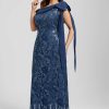 Formal & Evening | Sheath/Column Asymmetrical Floor-Length Lace Sequin Chiffon Evening Dress With Pleated Bow Navy Blue – Womens