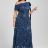 Formal & Evening | Sheath/Column Asymmetrical Floor-Length Lace Sequin Chiffon Evening Dress With Pleated Bow Navy Blue – Womens