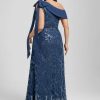 Formal & Evening | Sheath/Column Asymmetrical Floor-Length Lace Sequin Chiffon Evening Dress With Pleated Bow Navy Blue – Womens