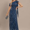 Formal & Evening | Sheath/Column Asymmetrical Floor-Length Lace Sequin Chiffon Evening Dress With Pleated Bow Navy Blue – Womens