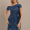 Formal & Evening | Sheath/Column Asymmetrical Floor-Length Lace Sequin Chiffon Evening Dress With Pleated Bow Navy Blue – Womens