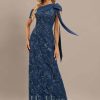 Formal & Evening | Sheath/Column Asymmetrical Floor-Length Lace Sequin Chiffon Evening Dress With Pleated Bow Navy Blue – Womens