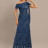 Formal & Evening | Sheath/Column Asymmetrical Floor-Length Lace Sequin Chiffon Evening Dress With Pleated Bow Navy Blue – Womens