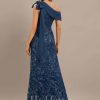 Formal & Evening | Sheath/Column Asymmetrical Floor-Length Lace Sequin Chiffon Evening Dress With Pleated Bow Navy Blue – Womens