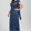 Formal & Evening | Sheath/Column Asymmetrical Floor-Length Lace Sequin Chiffon Evening Dress With Pleated Bow Navy Blue – Womens