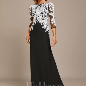 Formal & Evening | Sheath/Column Boat Neck Floor-Length Lace Chiffon Evening Dress With Sequins Black – Womens