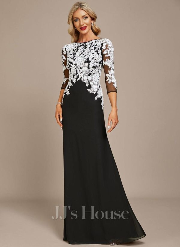 Formal & Evening | Sheath/Column Boat Neck Floor-Length Lace Chiffon Evening Dress With Sequins Black – Womens