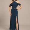 Formal & Evening | Sheath/Column Cold Shoulder Off the Shoulder Floor-Length Chiffon Evening Dress With Pleated Dark Navy – Womens