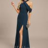 Formal & Evening | Sheath/Column Cold Shoulder Off the Shoulder Floor-Length Chiffon Evening Dress With Pleated Dark Navy – Womens