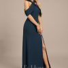 Formal & Evening | Sheath/Column Cold Shoulder Off the Shoulder Floor-Length Chiffon Evening Dress With Pleated Dark Navy – Womens