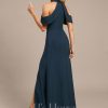 Formal & Evening | Sheath/Column Cold Shoulder Off the Shoulder Floor-Length Chiffon Evening Dress With Pleated Dark Navy – Womens