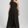 Formal & Evening | Sheath/Column Cold Shoulder One Shoulder Floor-Length Chiffon Evening Dress With Cascading Ruffles Black – Womens