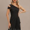 Formal & Evening | Sheath/Column Cold Shoulder One Shoulder Floor-Length Chiffon Evening Dress With Cascading Ruffles Black – Womens